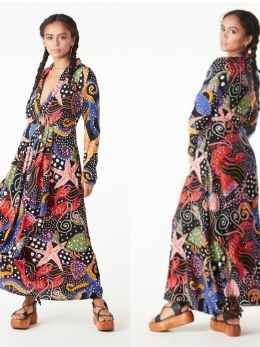 Farm Rio Under the Sea Plunge Neck Maxi Dress Beach Vacation Cruise Wedding Sz S - Picture 2 of 16